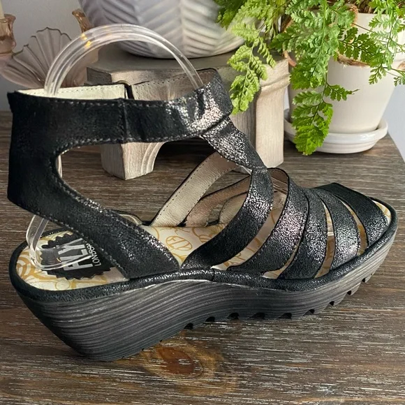 FLY LONDON Yeba Black Suede Ankle Strap Wedges Shoes Womens EU38 US 7.5 - 8 - Picture 5 of 13